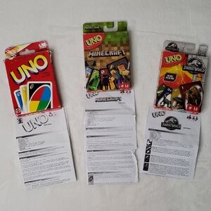 UNO Card Games Set of 3 Jurassic World Dinosaur Minecraft Classic UNO Card Games